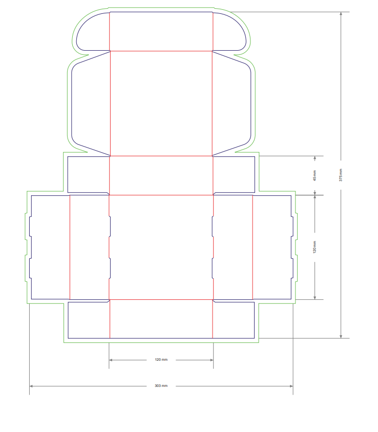 Jewellery and gift mailer box dyeline showing cut, fold, and bleed lines for production