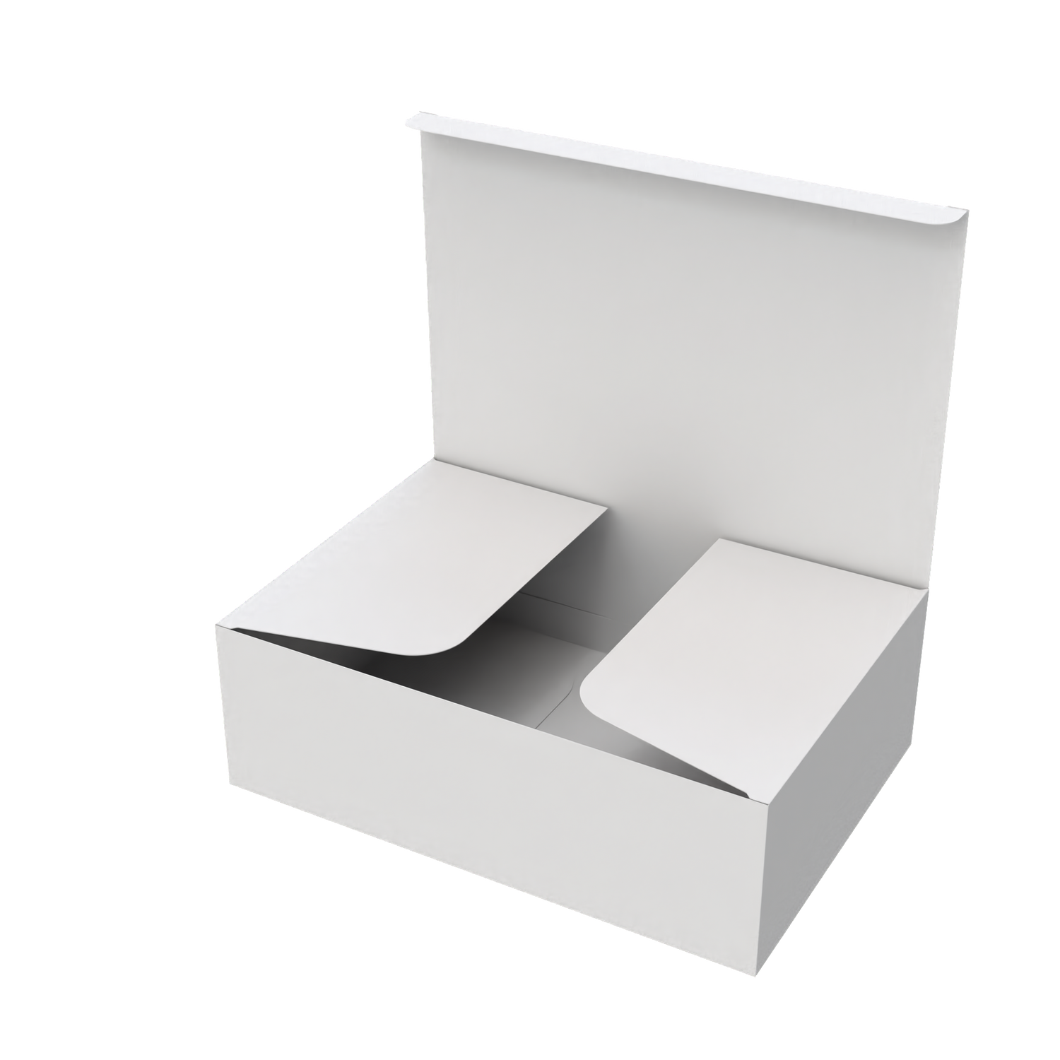 White medium e-commerce mailer box half-opened to show part of interior and secure closing system