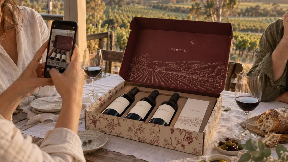 Open custom printed wine subscription box with three bottles and a vineyard illustration on the lid