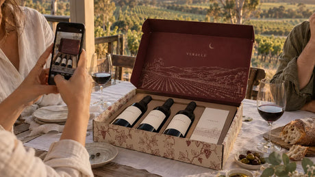 Open custom printed wine subscription box with three bottles and a vineyard illustration on the lid