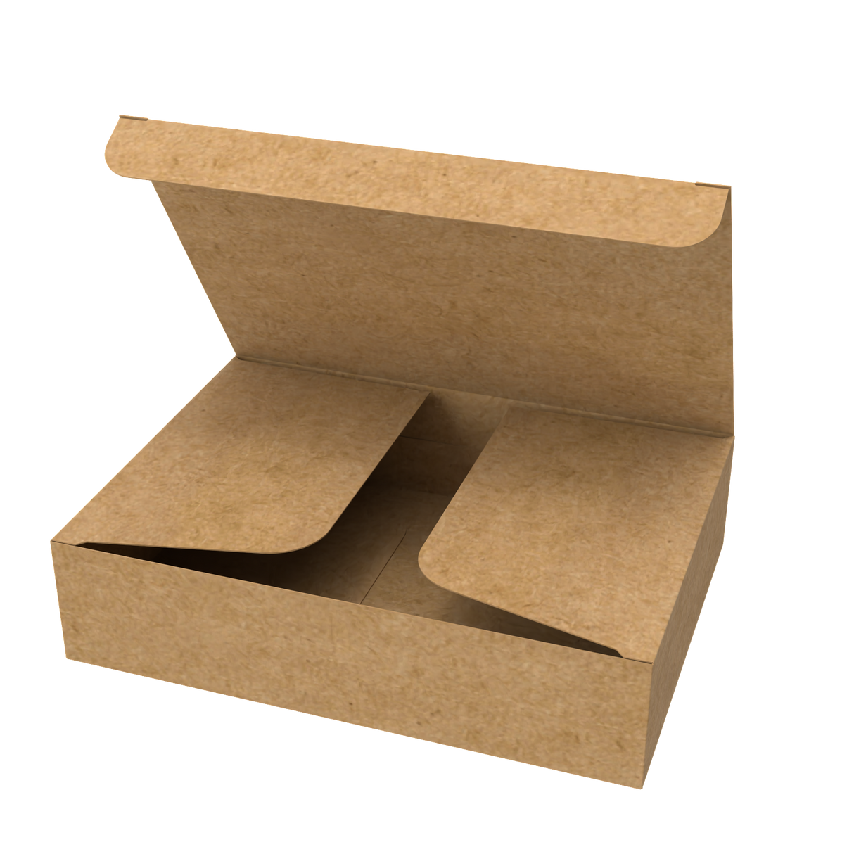 Natural kraft A5 mailer box half-opened to show part of interior and secure closing system