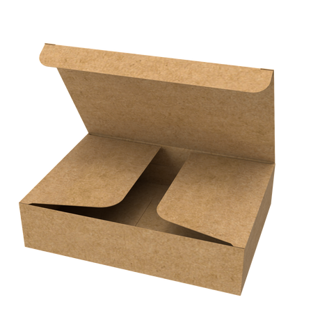 Natural kraft A5 mailer box half-opened to show part of interior and secure closing system
