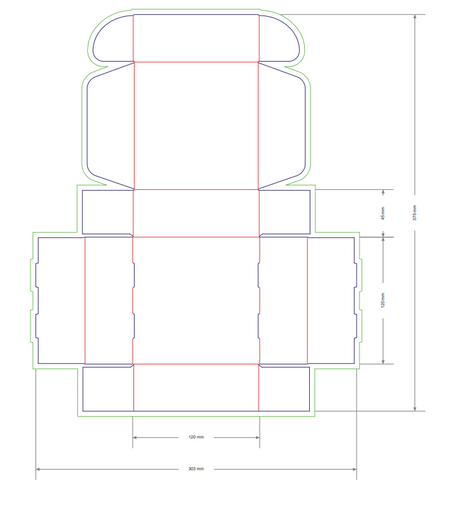 Jewellery and gift mailer box dyeline showing cut, fold, and bleed lines for production
