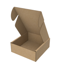 Natural kraft gift mailer box open to show compact interior for jewellery and gift presentation