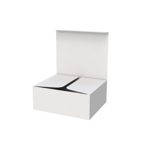 White large e-commerce mailer box half-opened to show part of interior and secure closing system