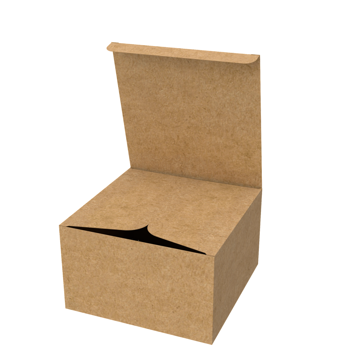 Natural kraft cake box mailer half-opened to show part of interior and secure closing system