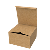 Natural kraft cake box mailer half-opened to show part of interior and secure closing system