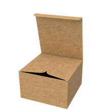 Natural kraft cake box mailer half-opened to show part of interior and secure closing system