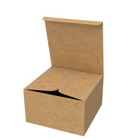 Natural kraft cake box mailer half-opened to show part of interior and secure closing system