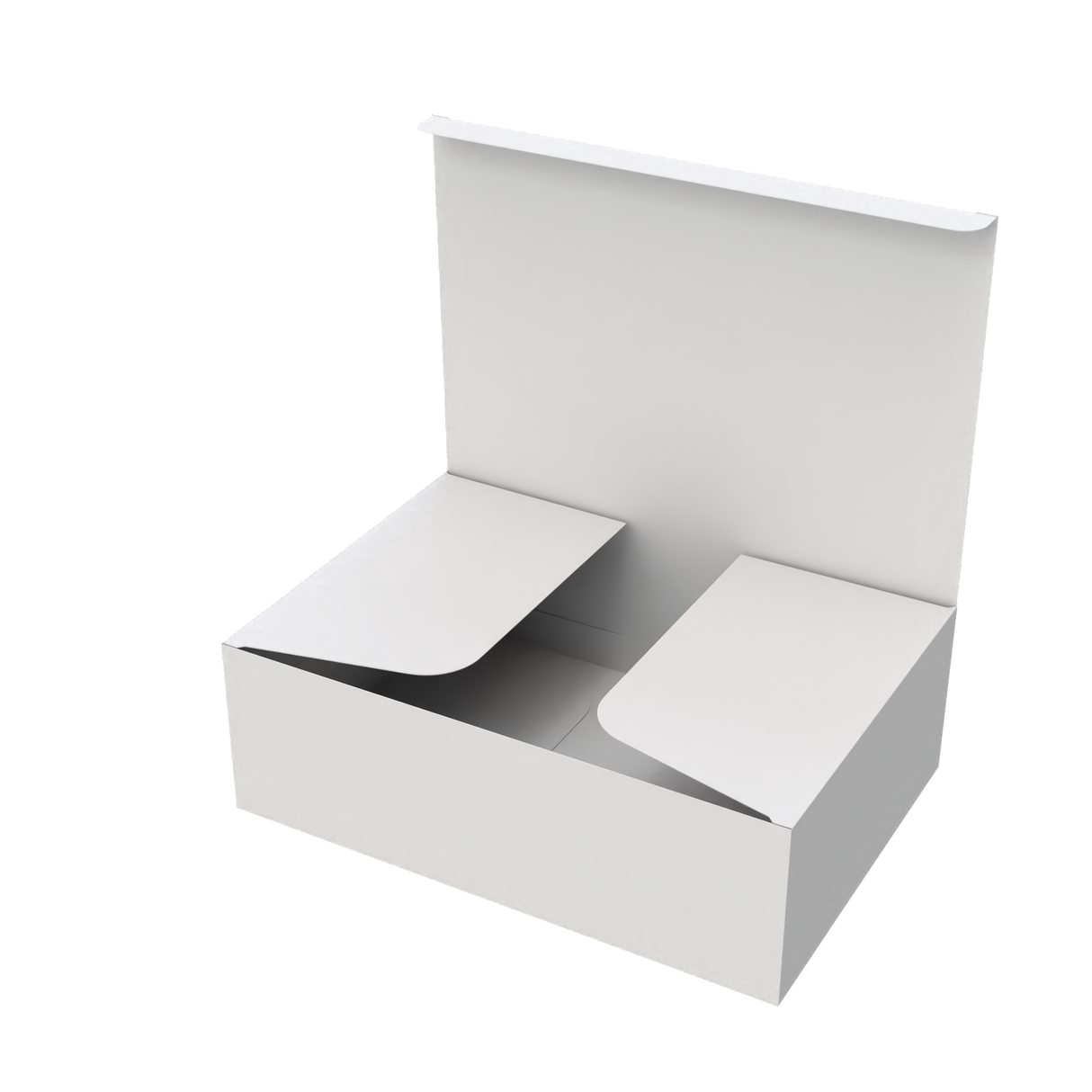 White medium e-commerce mailer box half-opened to show part of interior and secure closing system