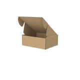 Natural kraft universal mailer box half-opened to show part of interior and secure closing system