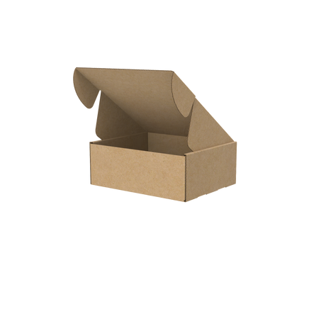 Natural kraft universal mailer box half-opened to show part of interior and secure closing system