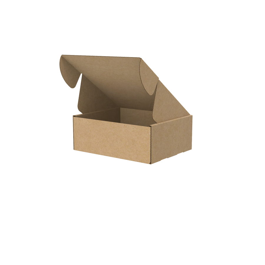 Natural kraft universal mailer box half-opened to show part of interior and secure closing system